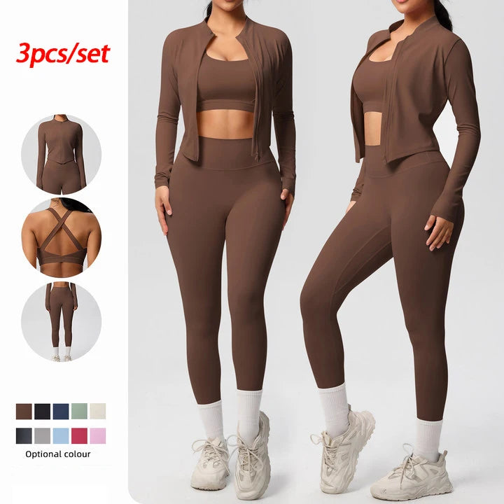 Veyra Active™ Infinite 3-Piece Yoga Set | Zipper Jacket, Sports Bra & High-Waist Leggings