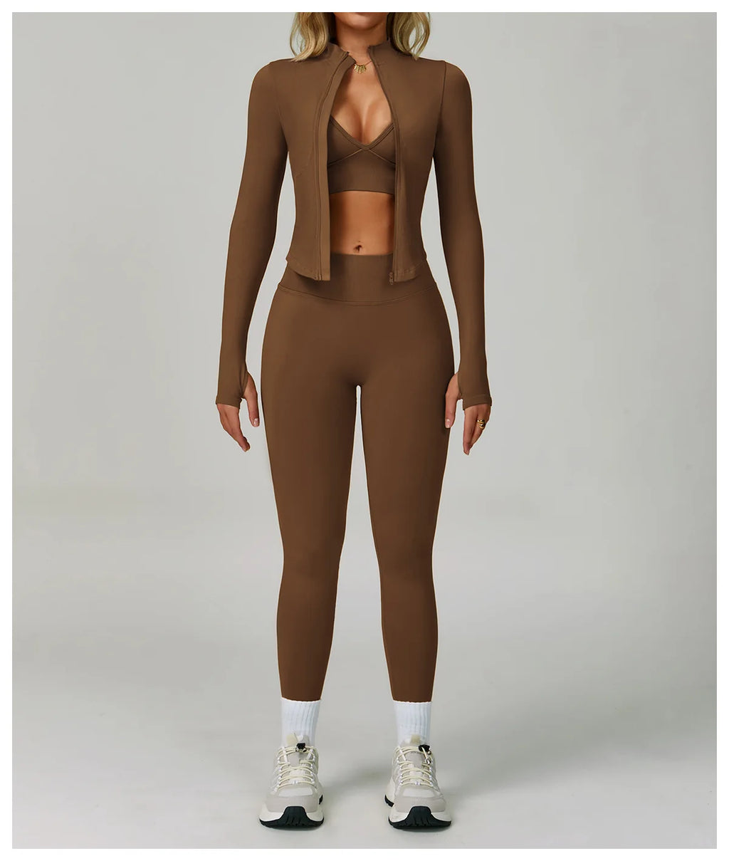 Veyra Active™ SculptFlex 3-Piece Yoga Set | Long Sleeve Crop Top, Sports Bra & High-Waist Leggings
