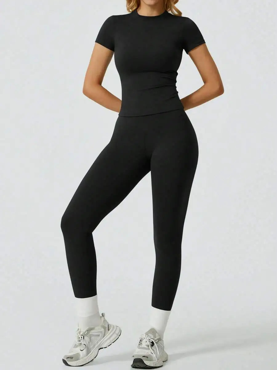 Veyra Active™ SculptFlex Short Sleeve Yoga Set | High-Waisted Tummy Control Leggings & Top