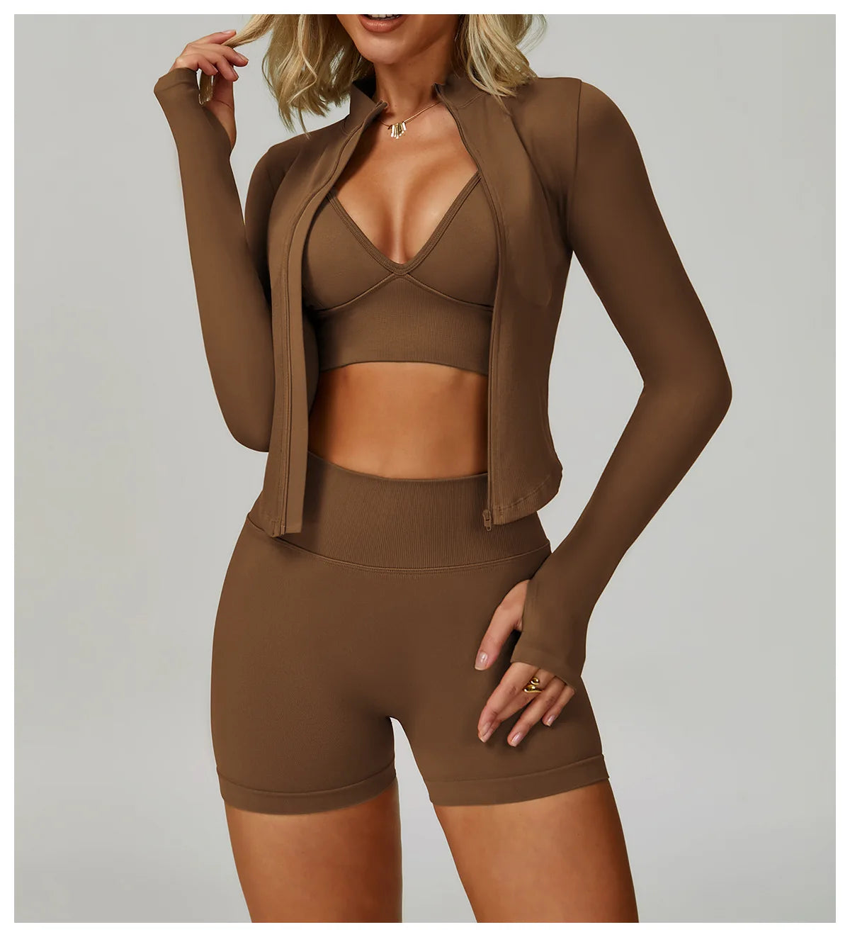 Veyra Active™ SculptFlex 3-Piece Yoga Set | Long Sleeve Crop Top, Sports Bra & High-Waist Leggings