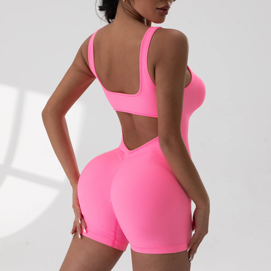 Veyra Active™ Hourglass V-Waist Jumpsuit | Sleek Open-Back Yoga Romper & Workout Bodysuit