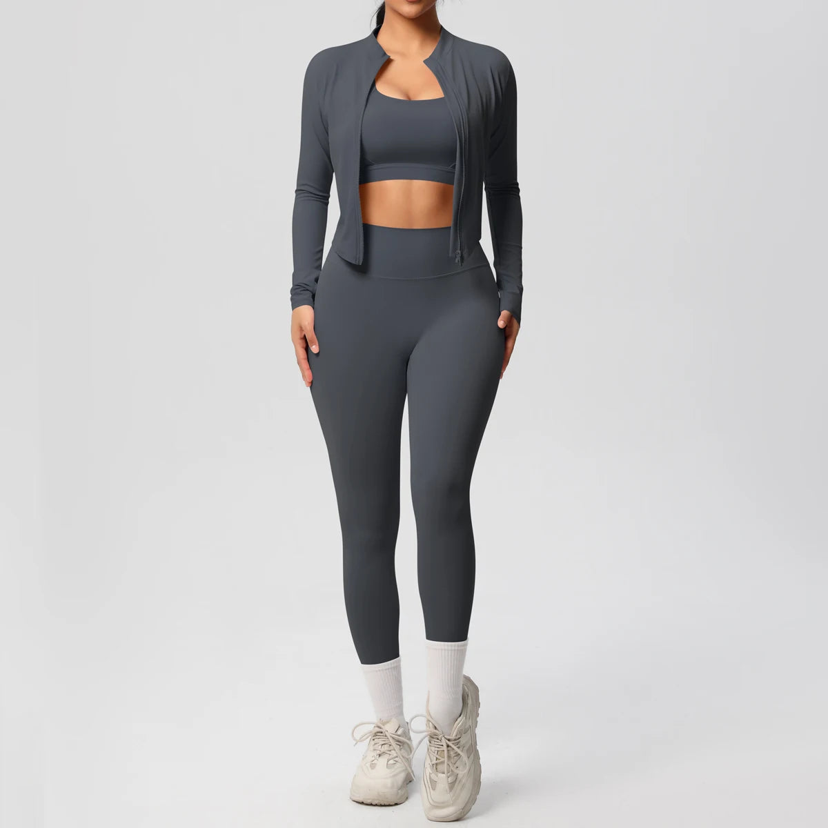 Veyra Active™ Infinite 3-Piece Yoga Set | Zipper Jacket, Sports Bra & High-Waist Leggings