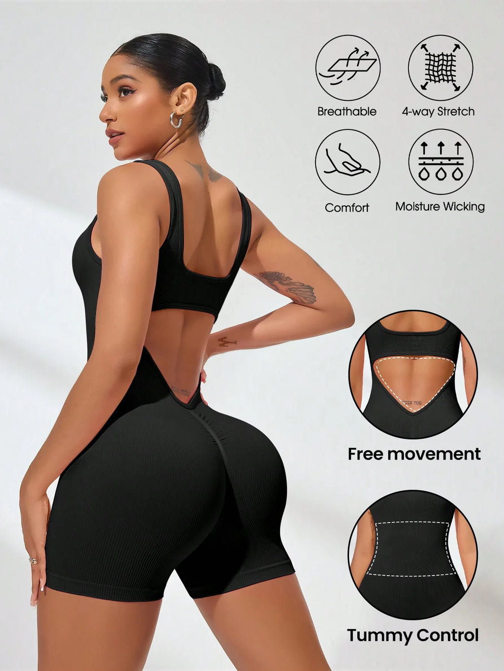 Veyra Active™ Hourglass V-Waist Jumpsuit | Sleek Open-Back Yoga Romper & Workout Bodysuit