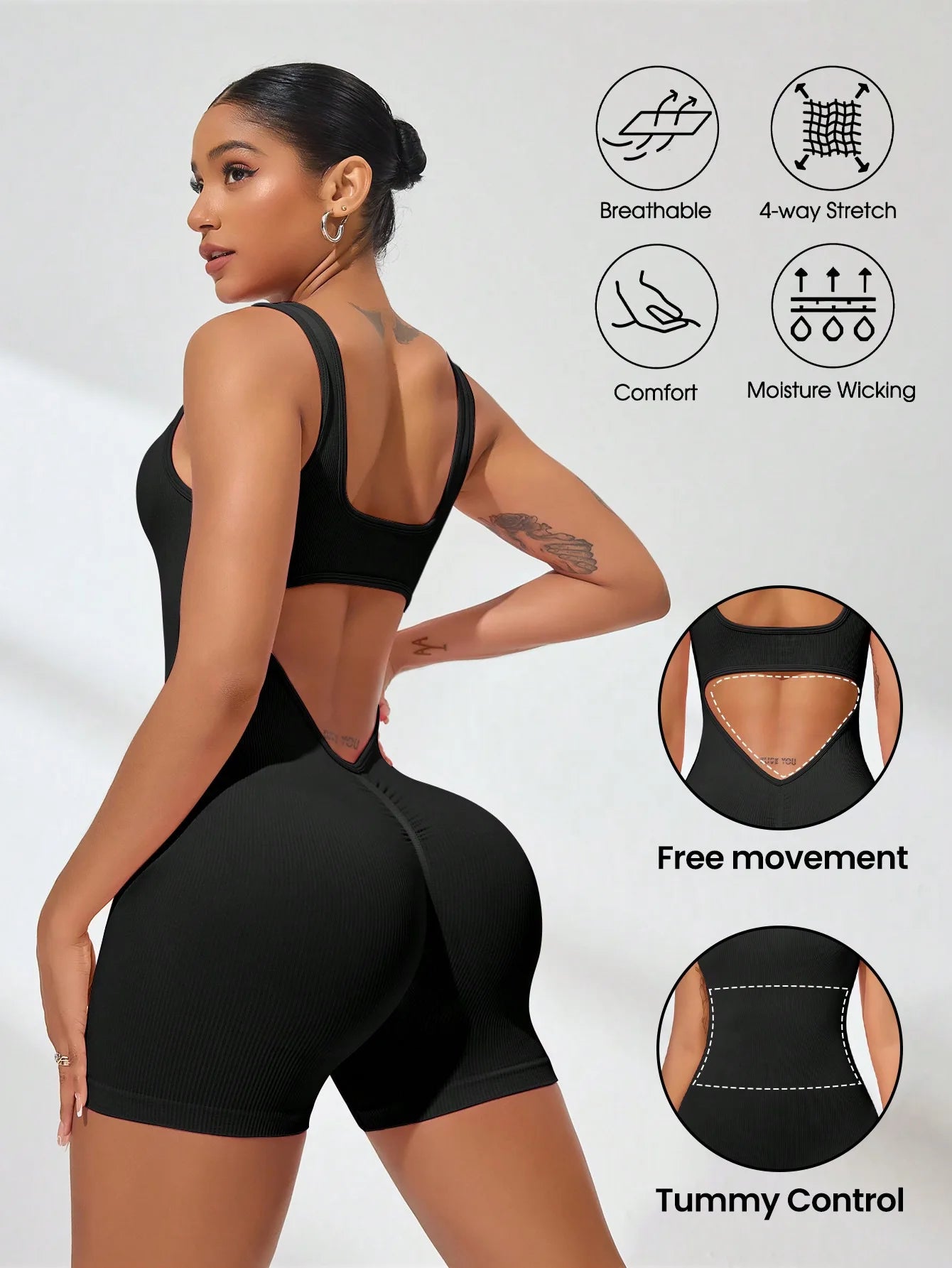 Veyra Active™ Hourglass V-Waist Jumpsuit | Sleek Open-Back Yoga Romper & Workout Bodysuit