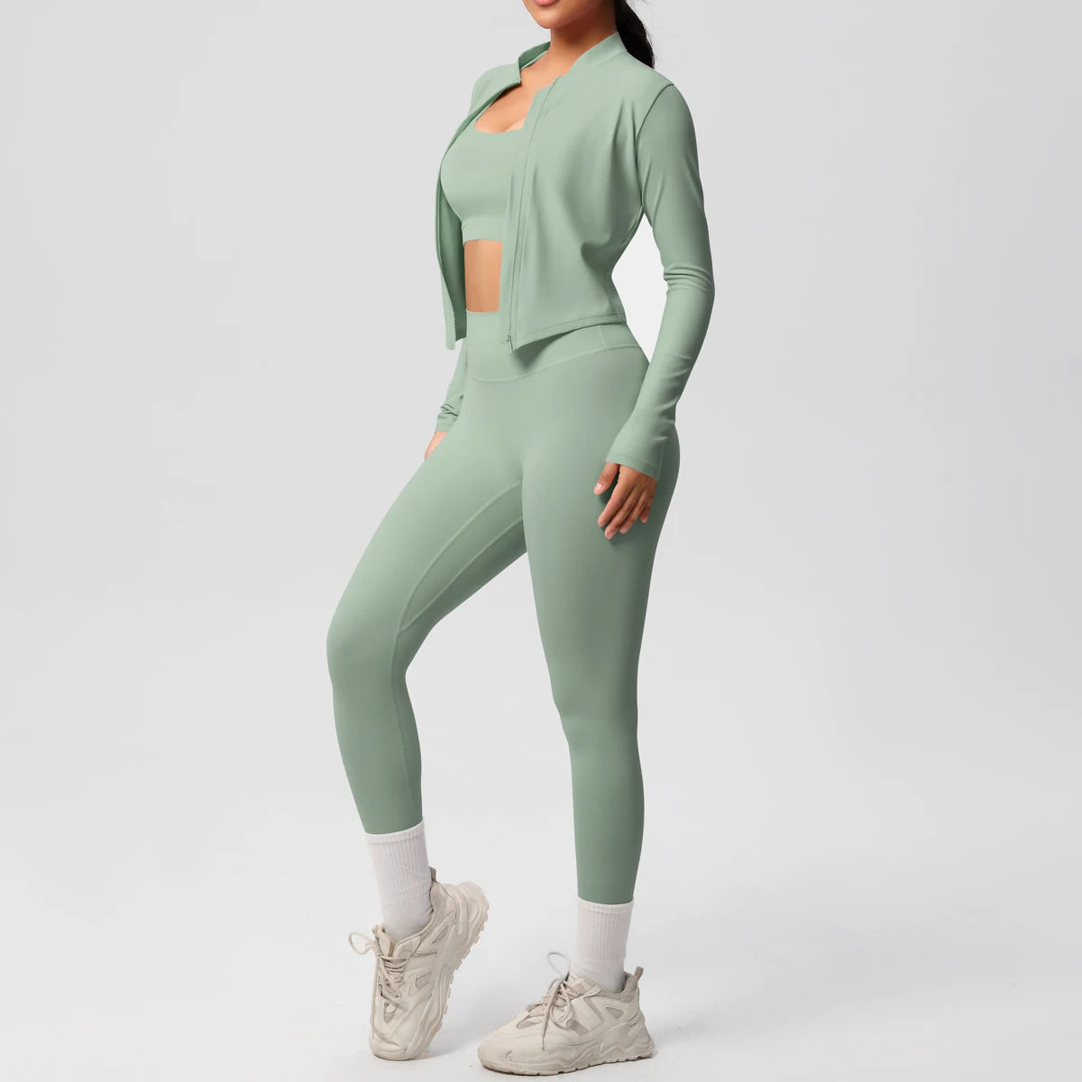 Veyra Active™ Infinite 3-Piece Yoga Set | Zipper Jacket, Sports Bra & High-Waist Leggings