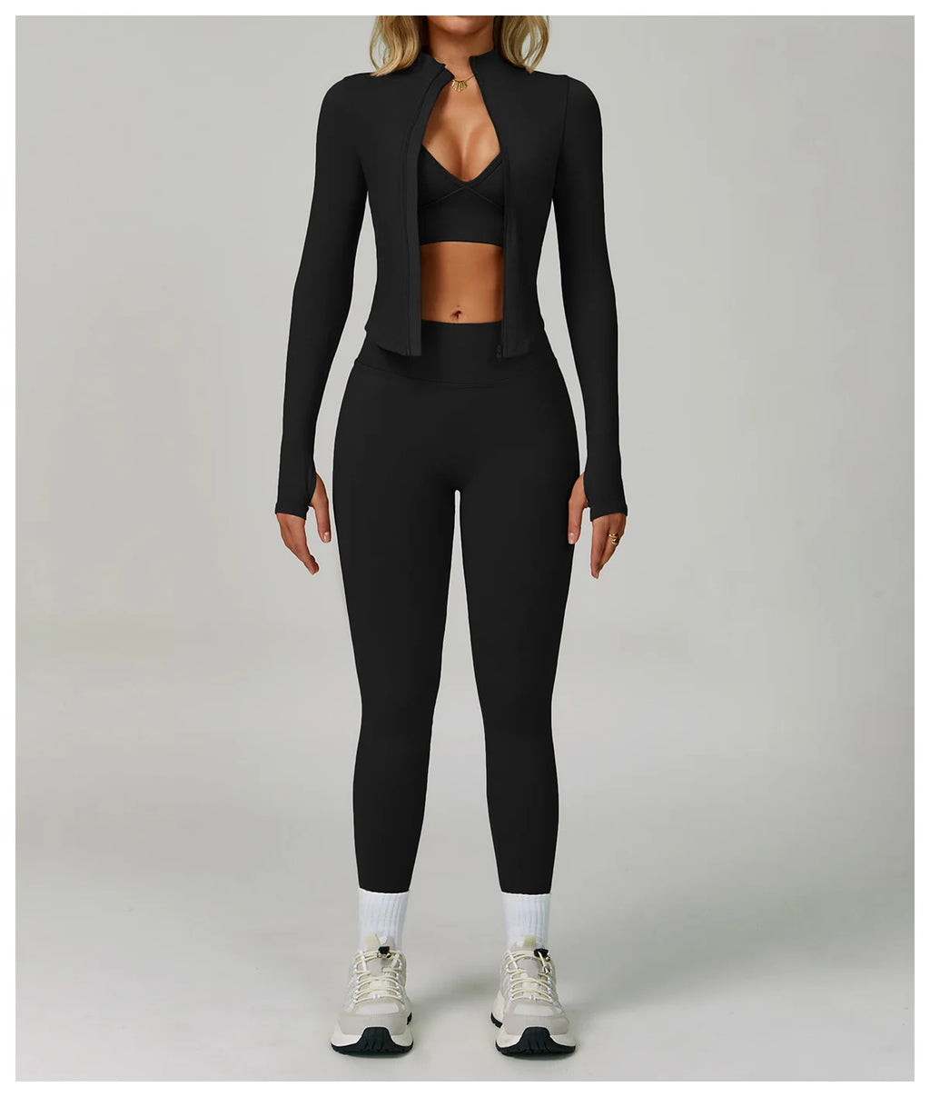 Veyra Active™ SculptFlex 3-Piece Yoga Set | Long Sleeve Crop Top, Sports Bra & High-Waist Leggings
