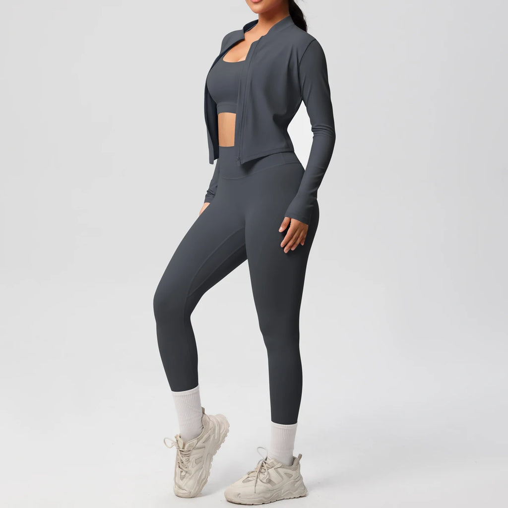 Veyra Active™ Infinite 3-Piece Yoga Set | Zipper Jacket, Sports Bra & High-Waist Leggings