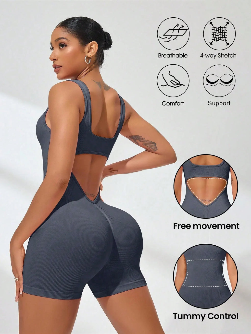Veyra Active™ Hourglass V-Waist Jumpsuit | Sleek Open-Back Yoga Romper & Workout Bodysuit