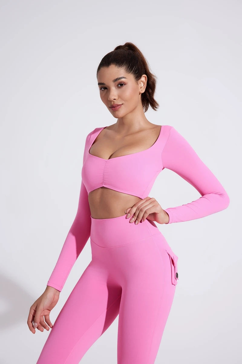 Veyra Active™ Women's Luxe Pleated Long-Sleeve Gym Top | Slim-Fit Tight Waist Yoga T-Shirt