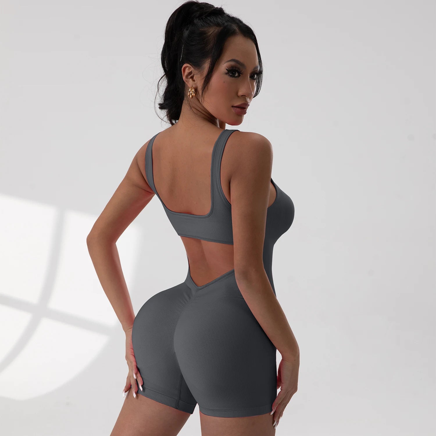 Veyra Active™ Hourglass V-Waist Jumpsuit | Sleek Open-Back Yoga Romper & Workout Bodysuit