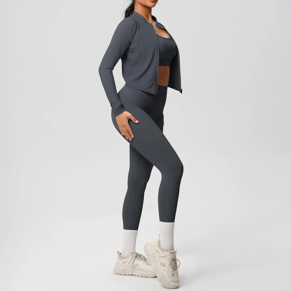 Veyra Active™ Infinite 3-Piece Yoga Set | Zipper Jacket, Sports Bra & High-Waist Leggings