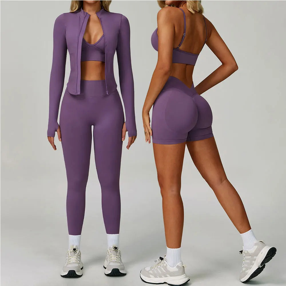Veyra Active™ SculptFlex 3-Piece Yoga Set | Long Sleeve Crop Top, Sports Bra & High-Waist Leggings