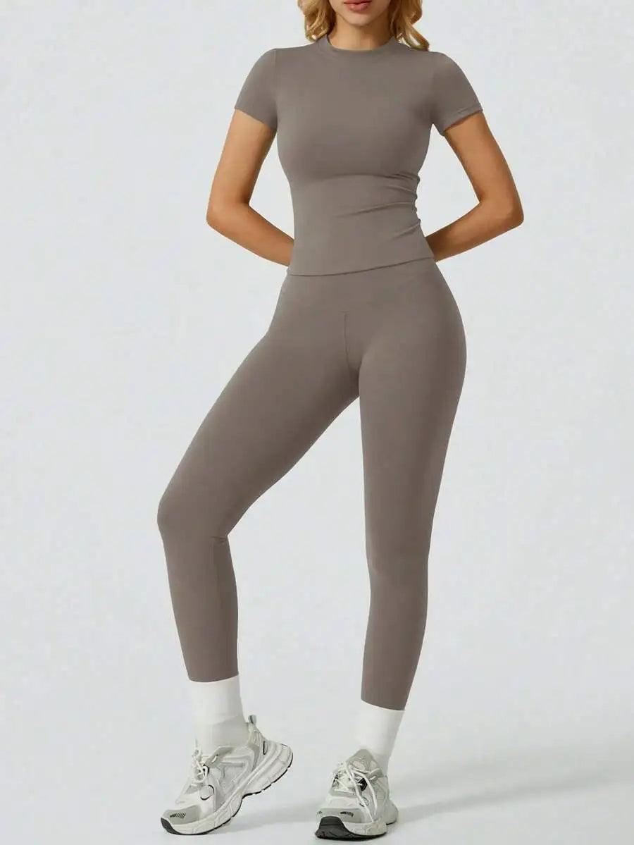 Veyra Active™ SculptFlex Short Sleeve Yoga Set | High-Waisted Tummy Control Leggings & Top