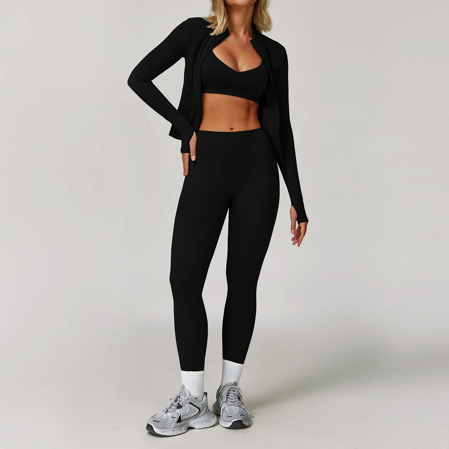 Veyra Active™ Infinite 3-Piece Yoga Set | Long Sleeve Top, Sports Bra & High-Waisted Leggings