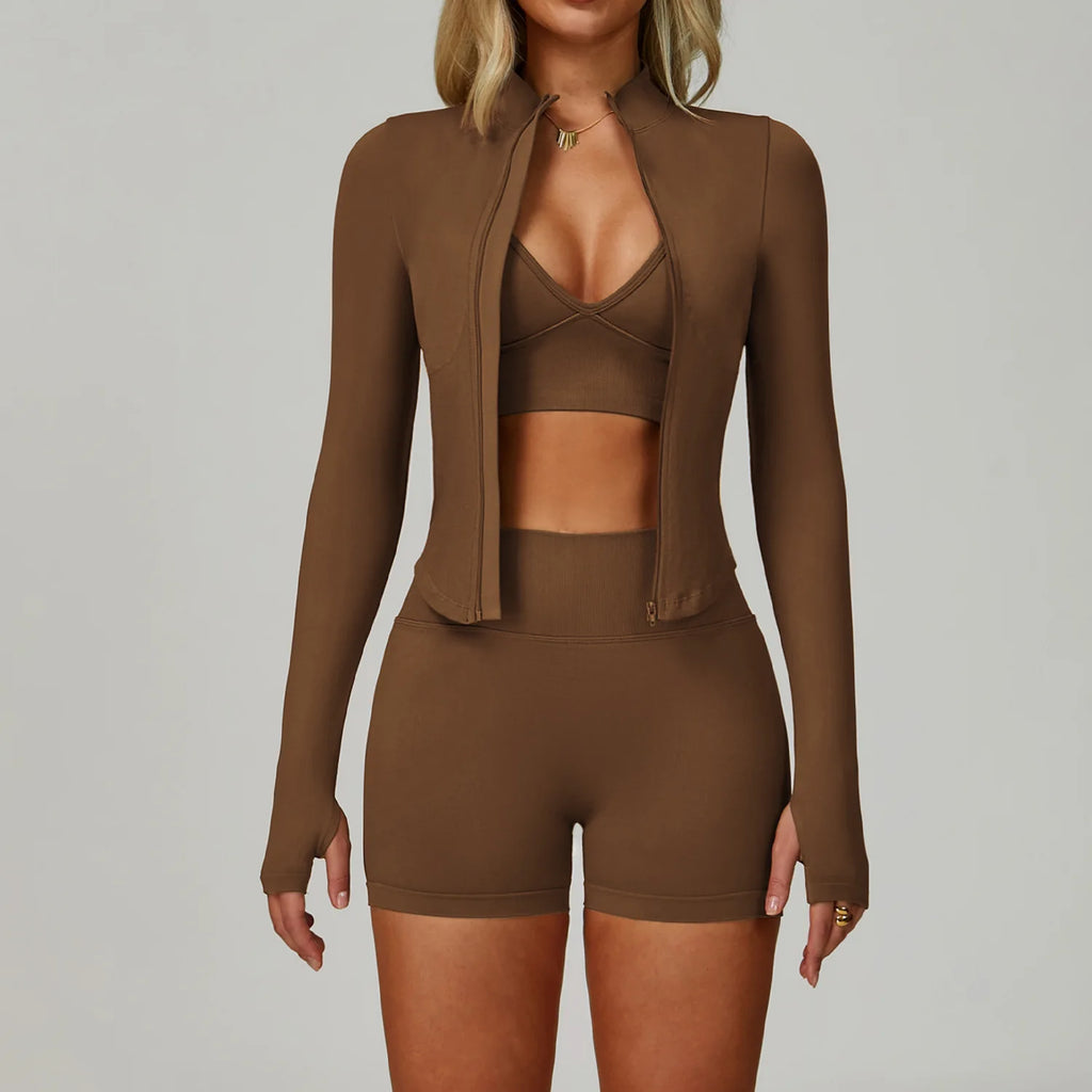 Veyra Active™ SculptFlex 3-Piece Yoga Set | Long Sleeve Crop Top, Sports Bra & High-Waist Leggings