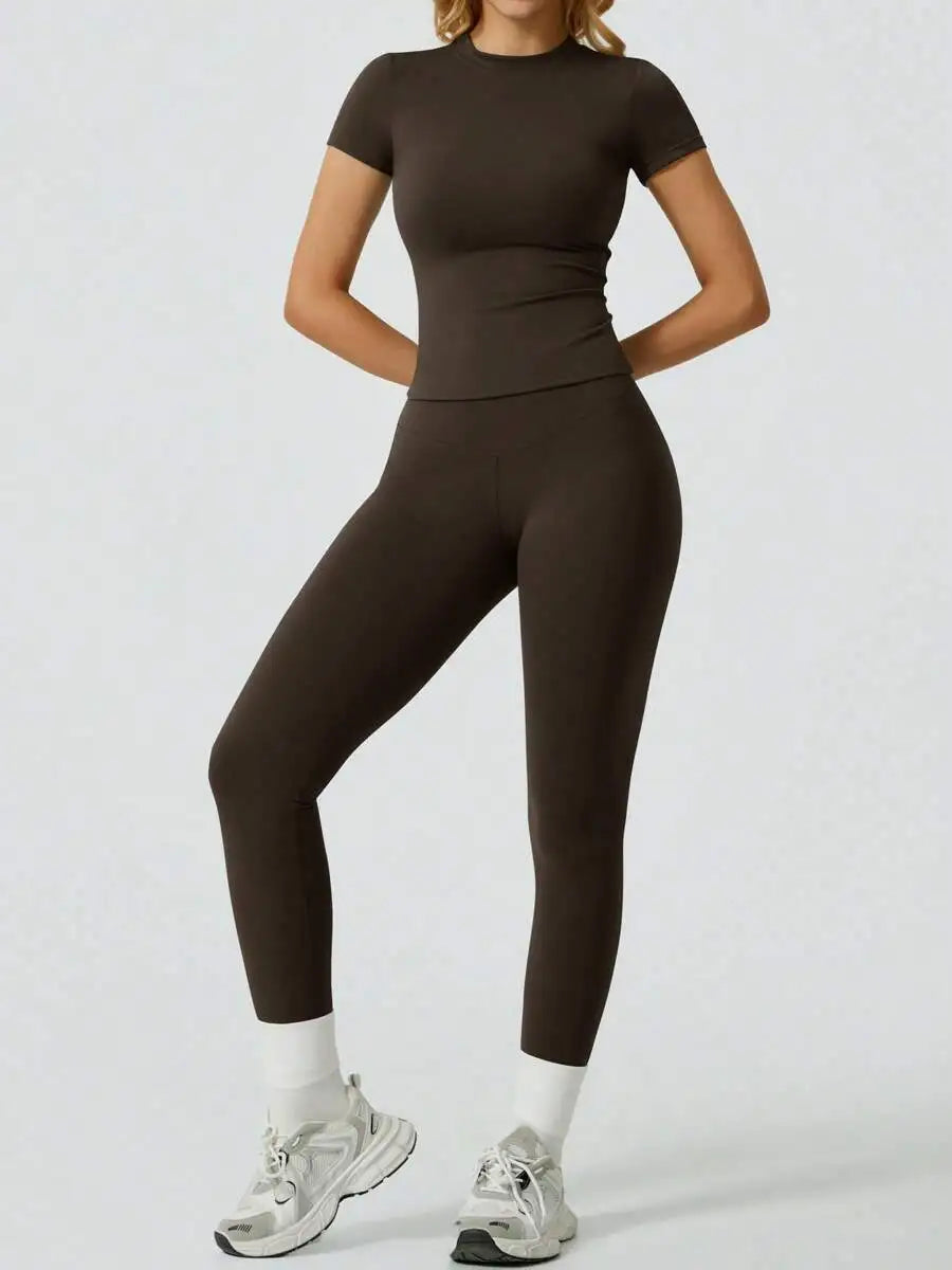 Veyra Active™ SculptFlex Short Sleeve Yoga Set | High-Waisted Tummy Control Leggings & Top