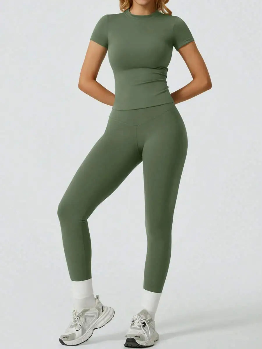 Veyra Active™ SculptFlex Short Sleeve Yoga Set | High-Waisted Tummy Control Leggings & Top