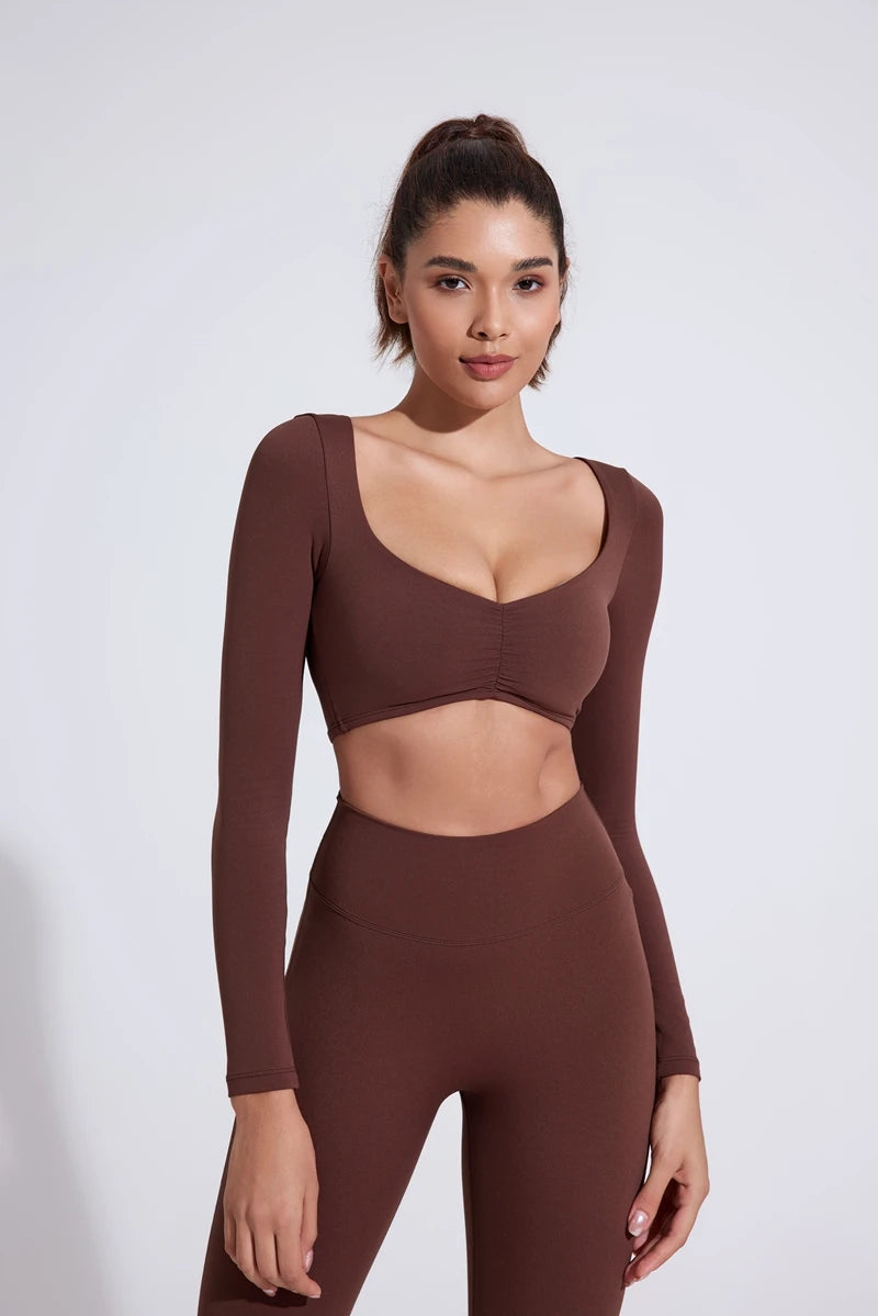 Veyra Active™ Women's Luxe Pleated Long-Sleeve Gym Top | Slim-Fit Tight Waist Yoga T-Shirt