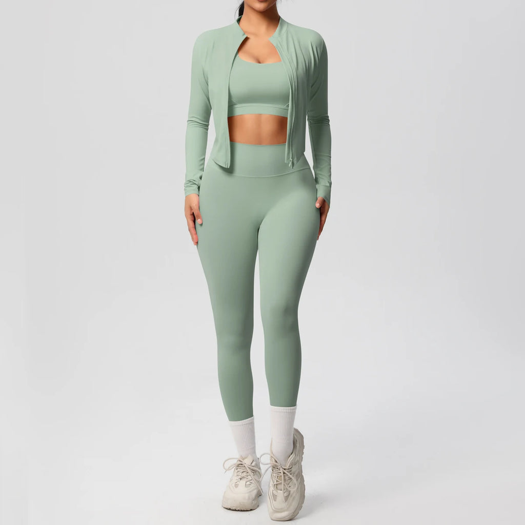 Veyra Active™ Infinite 3-Piece Yoga Set | Zipper Jacket, Sports Bra & High-Waist Leggings