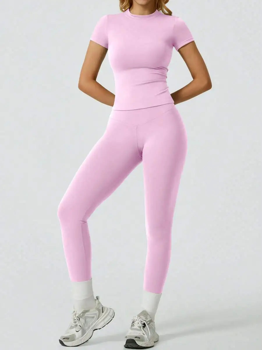 Veyra Active™ SculptFlex Short Sleeve Yoga Set | High-Waisted Tummy Control Leggings & Top