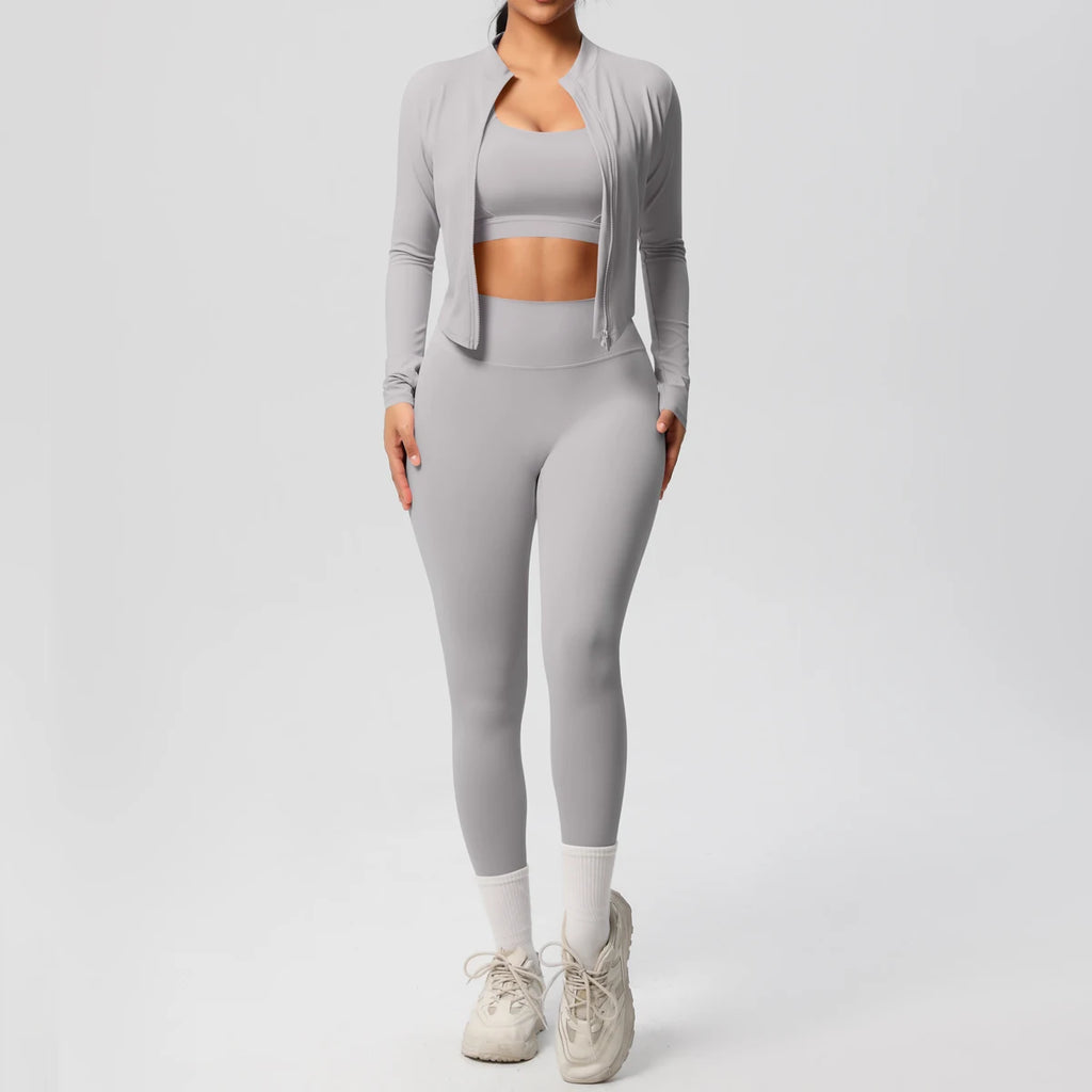 Veyra Active™ Infinite 3-Piece Yoga Set | Zipper Jacket, Sports Bra & High-Waist Leggings
