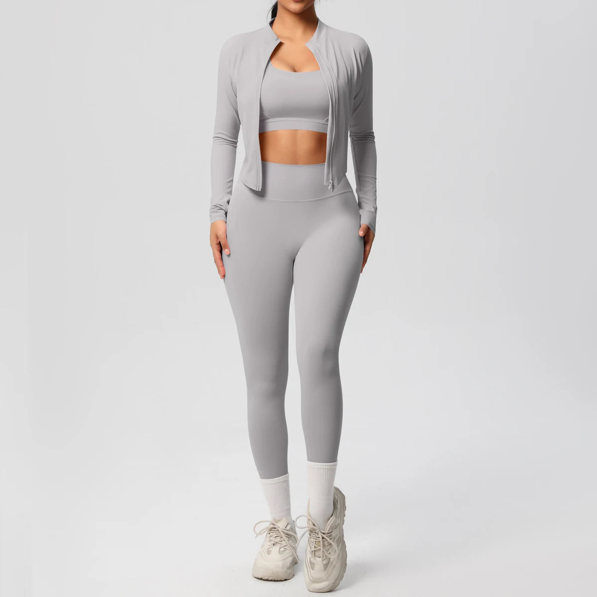 Veyra Active™ Infinite 3-Piece Yoga Set | Zipper Jacket, Sports Bra & High-Waist Leggings