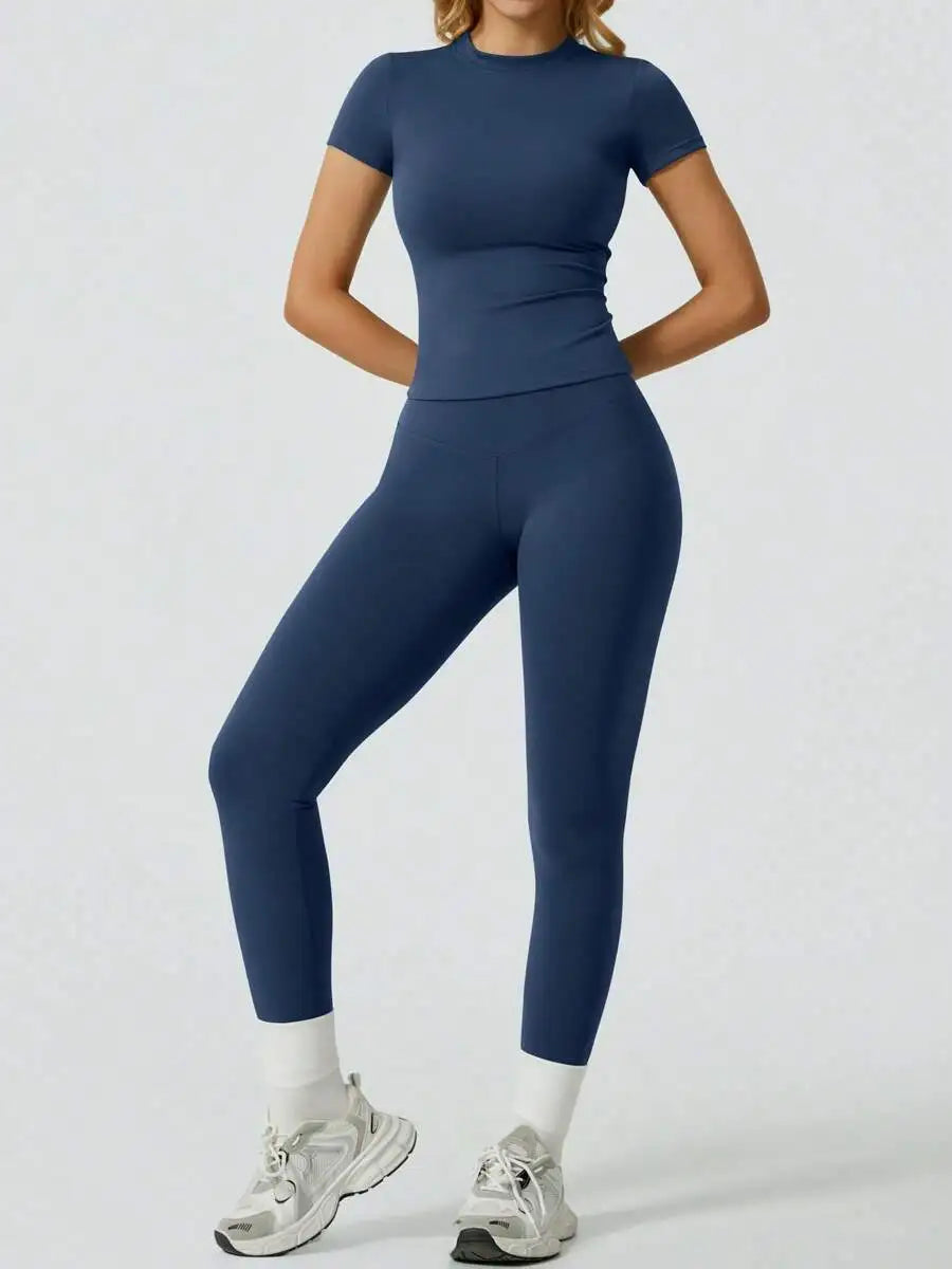 Veyra Active™ SculptFlex Short Sleeve Yoga Set | High-Waisted Tummy Control Leggings & Top