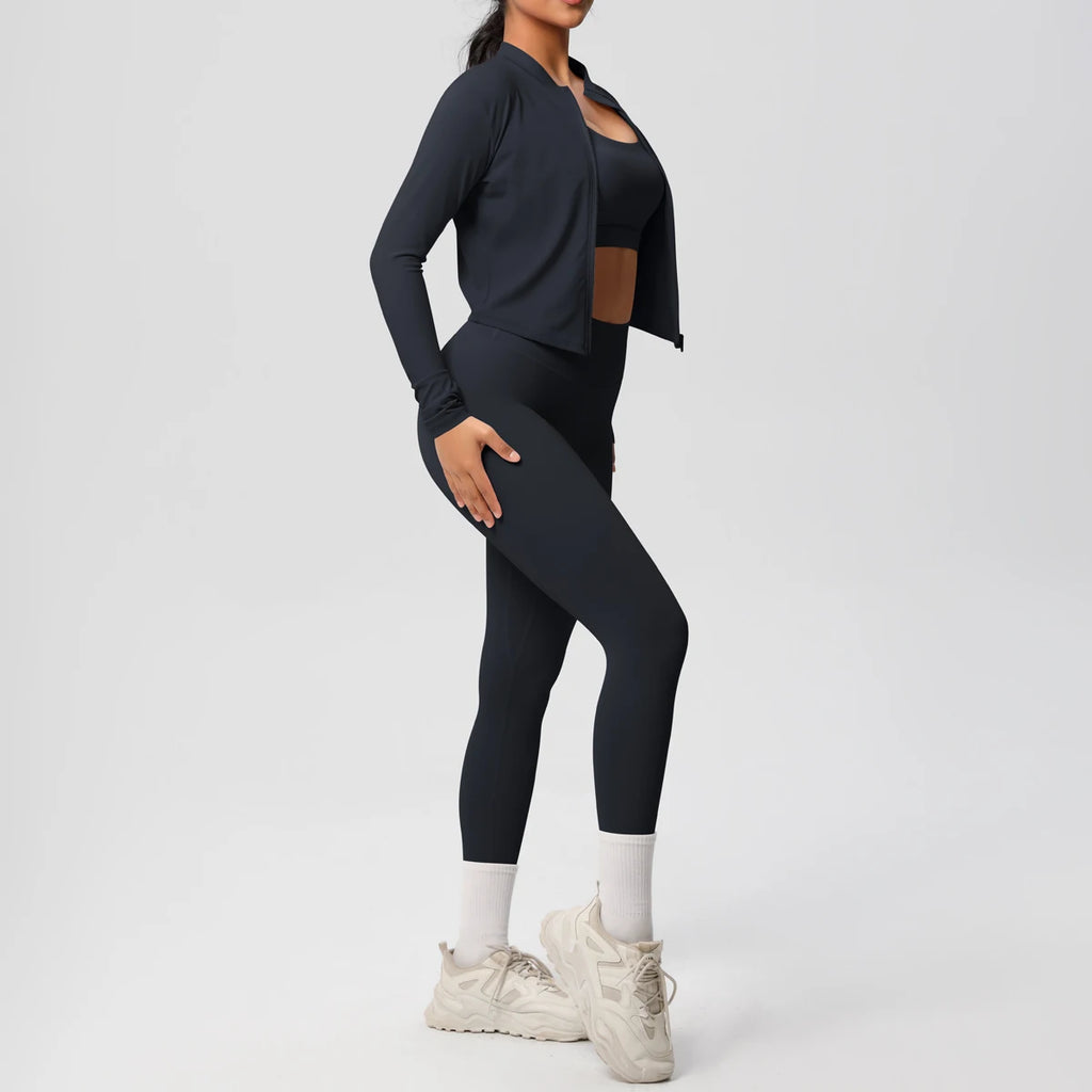 Veyra Active™ Infinite 3-Piece Yoga Set | Zipper Jacket, Sports Bra & High-Waist Leggings