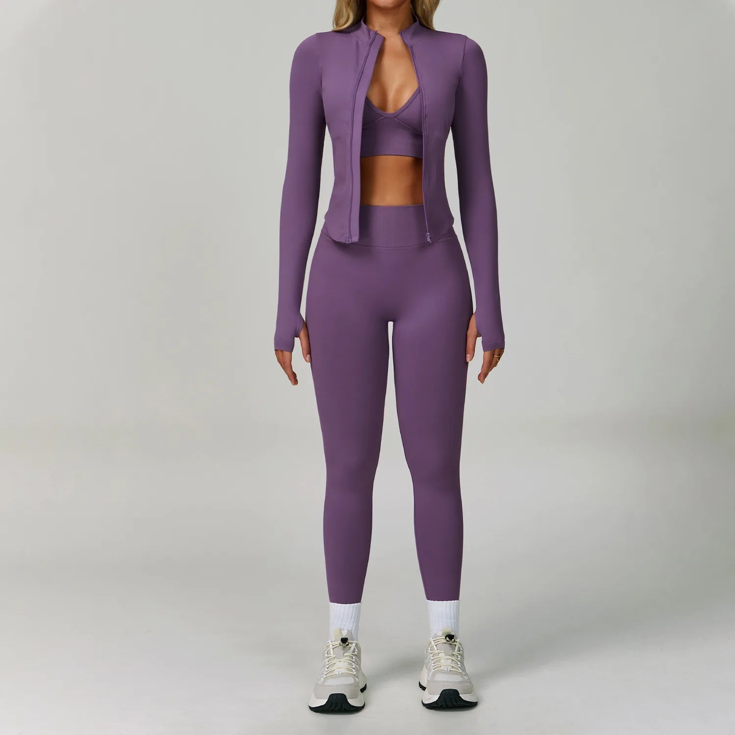 Veyra Active™ SculptFlex 3-Piece Yoga Set | Long Sleeve Crop Top, Sports Bra & High-Waist Leggings