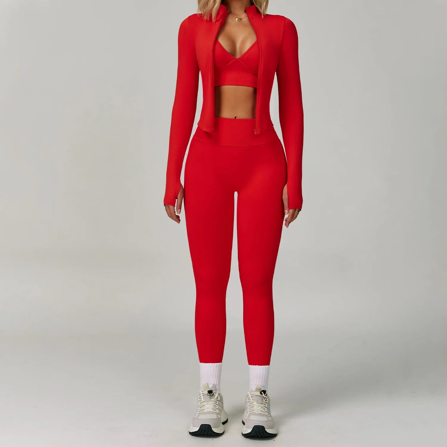 Veyra Active™ SculptFlex 3-Piece Yoga Set | Long Sleeve Crop Top, Sports Bra & High-Waist Leggings