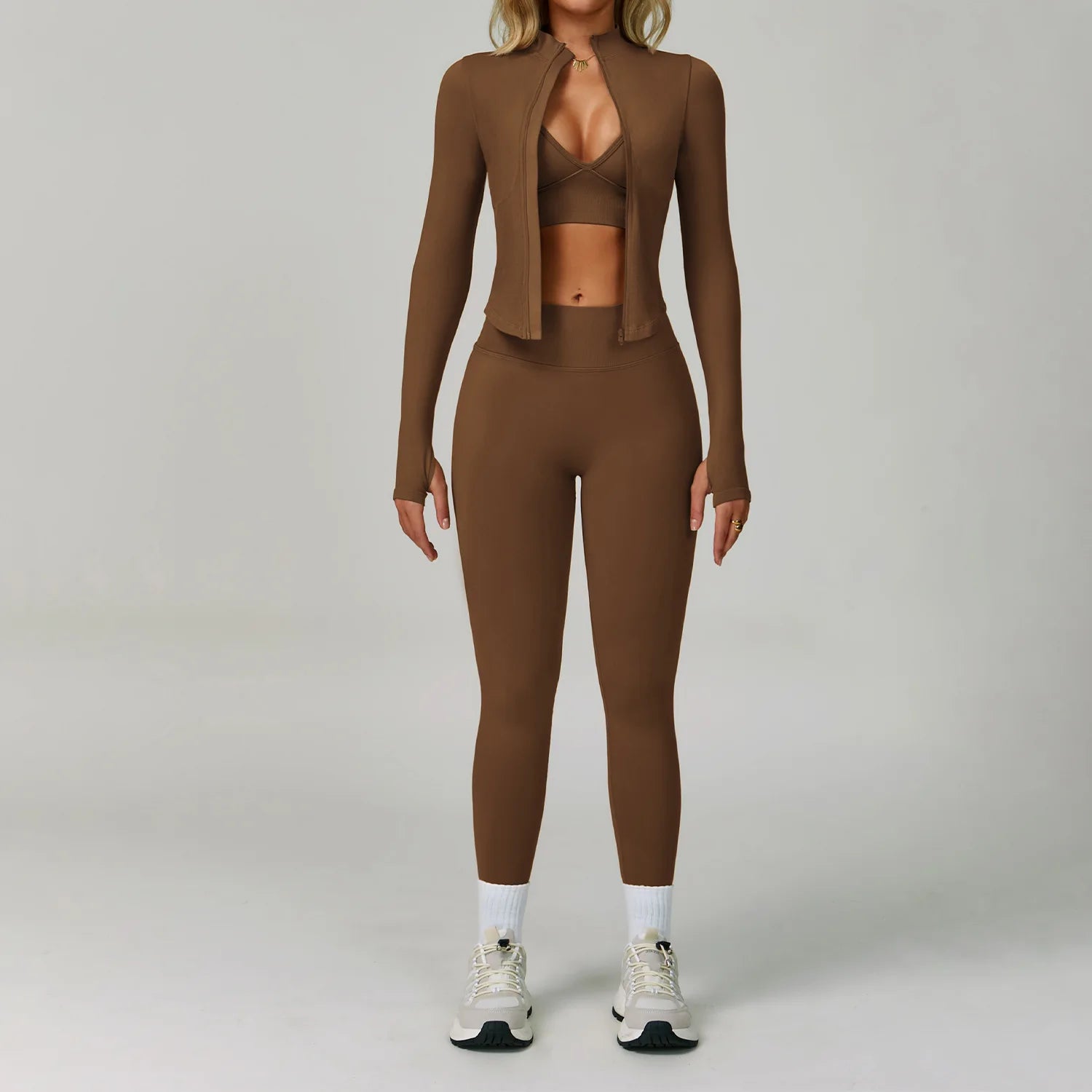 Veyra Active™ SculptFlex 3-Piece Yoga Set | Long Sleeve Crop Top, Sports Bra & High-Waist Leggings
