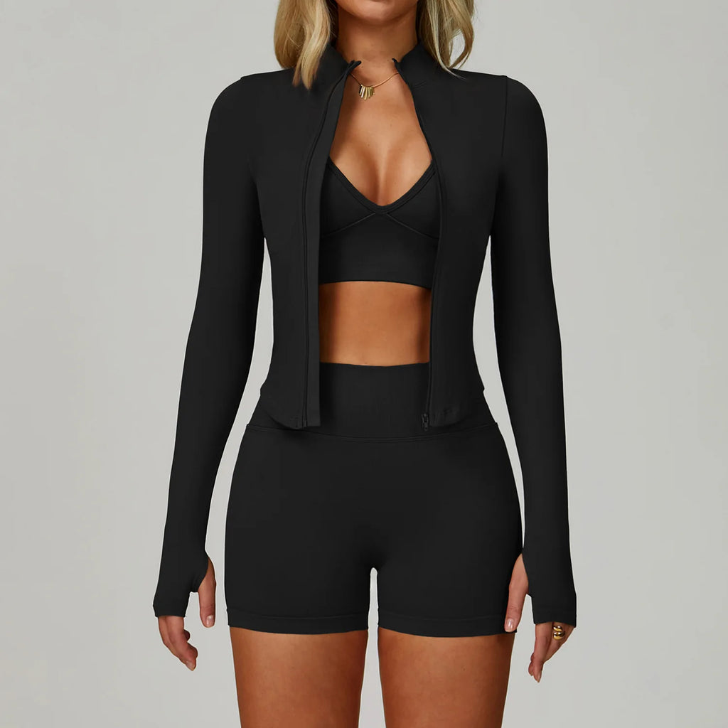 Veyra Active™ SculptFlex 3-Piece Yoga Set | Long Sleeve Crop Top, Sports Bra & High-Waist Leggings