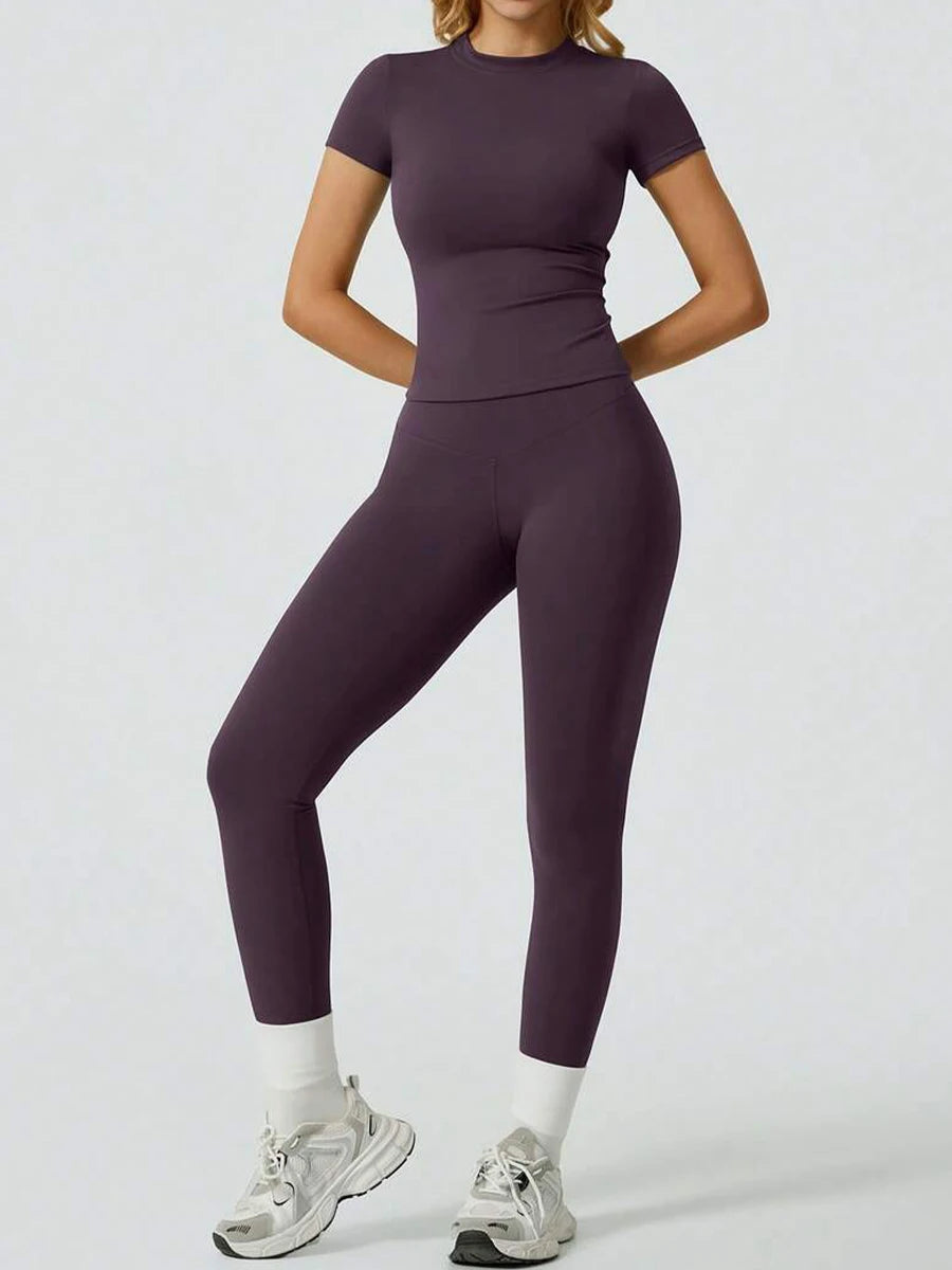 Veyra Active™ SculptFlex Short Sleeve Yoga Set | High-Waisted Tummy Control Leggings & Top